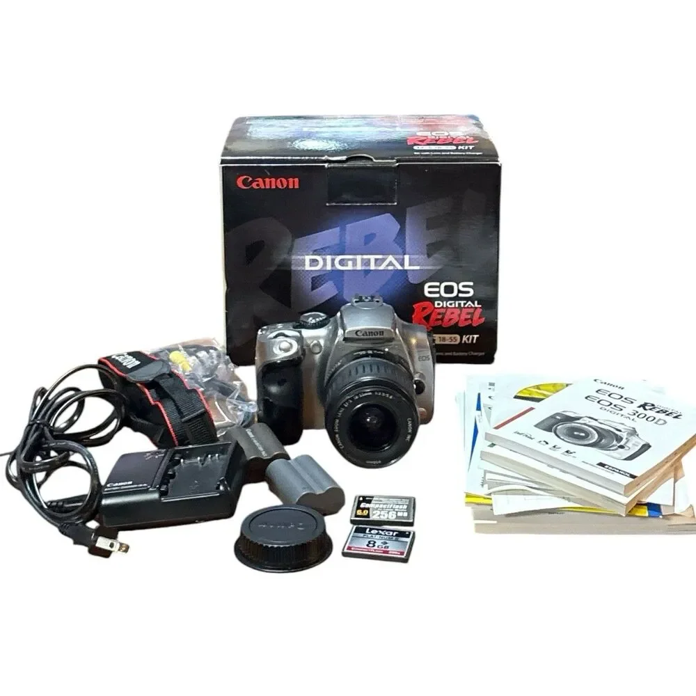Canon EOS Digital Rebel 300D DSLR Camera Bundle 2 Batteries/ Charger Strap Cable